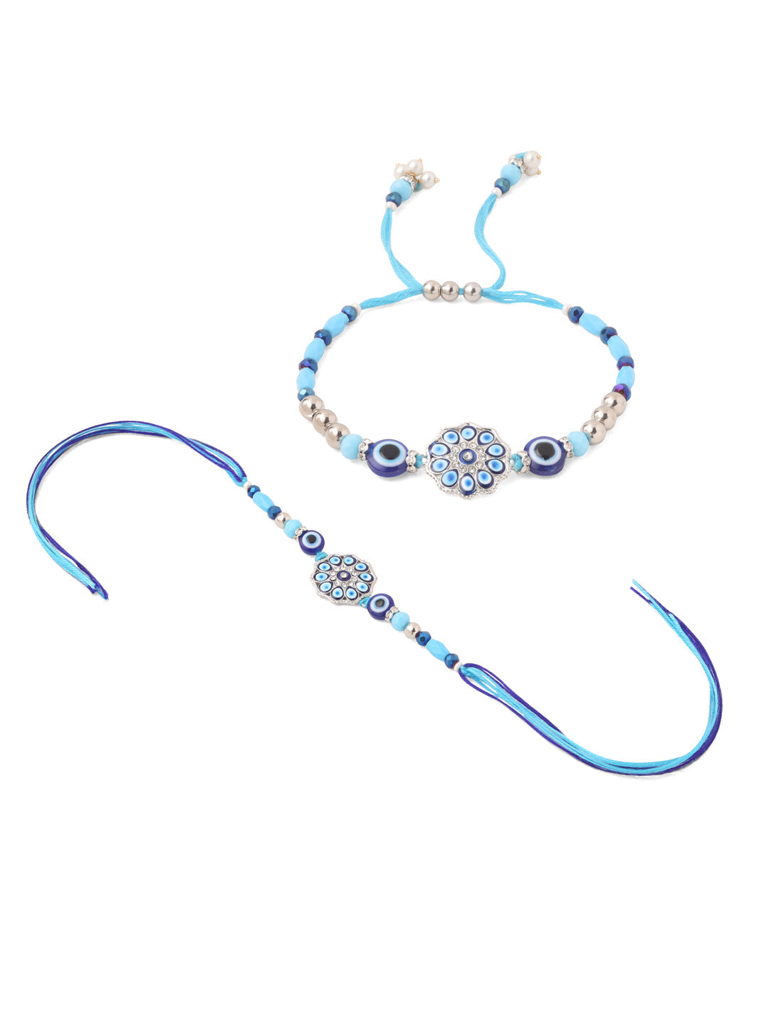 NVR Set of 2 Blue Evil Eye Floral Design Bhaiya Bhabhi Rakhi Combo | Swadesiicart