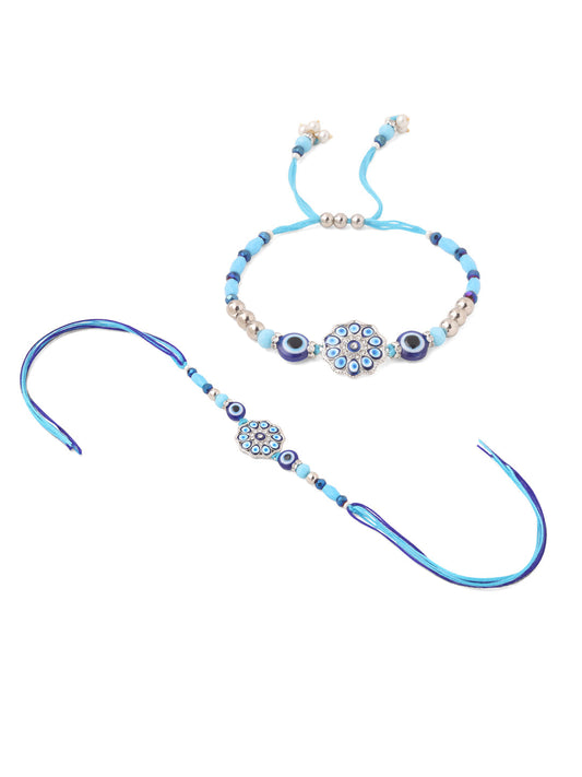NVR Set of 2 Blue Evil Eye Floral Design Bhaiya Bhabhi Rakhi with Roli Chawal Chandan & Mishri | Swadesiicart