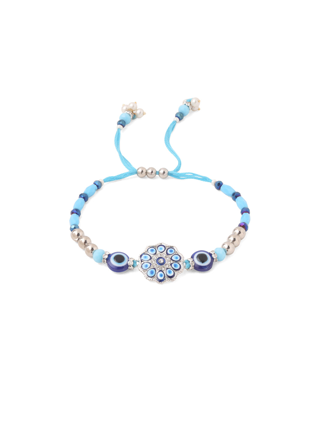 NVR Set of 2 Blue Evil Eye Floral Design Bhaiya Bhabhi Rakhi with Roli Chawal Chandan & Mishri | Swadesiicart