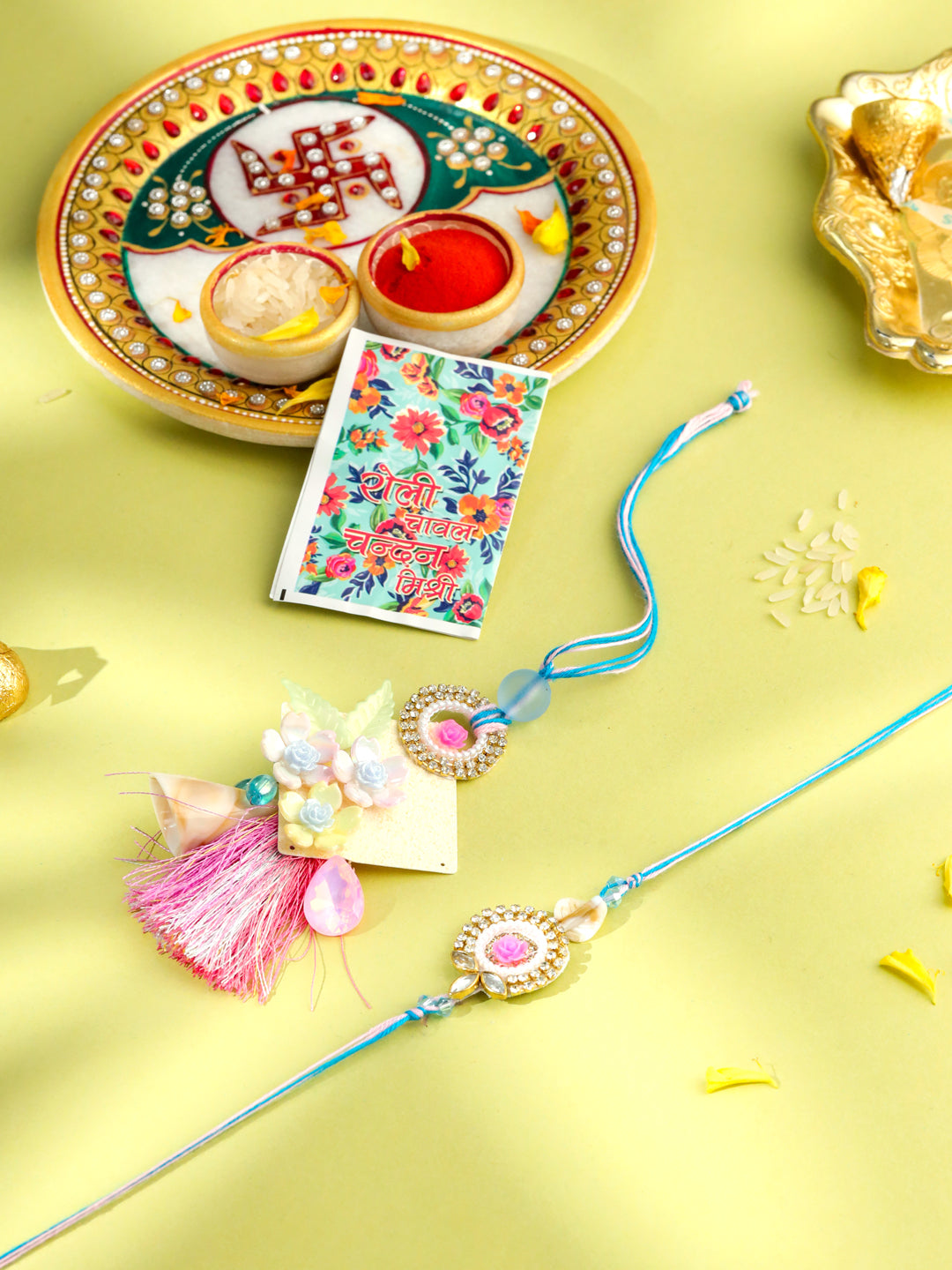 NVR Set of 2 Multicolor Artificial Stones & Beads Floral Design Bhaiya Bhabhi Rakhi with Roli Chawal Chandan & Mishri | Swadesiicart