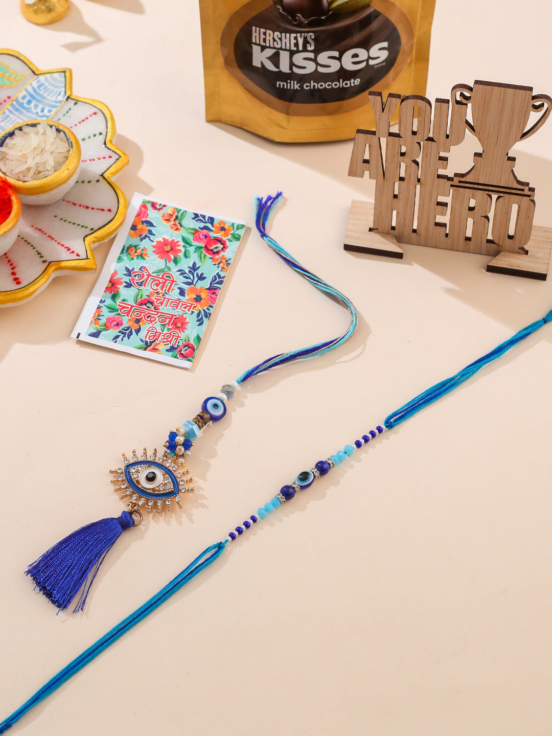 NVR Set of 2 Blue Evil Eye Artificial Stones & Beads Bhaiya Bhabhi Rakhi Combo | Swadesiicart