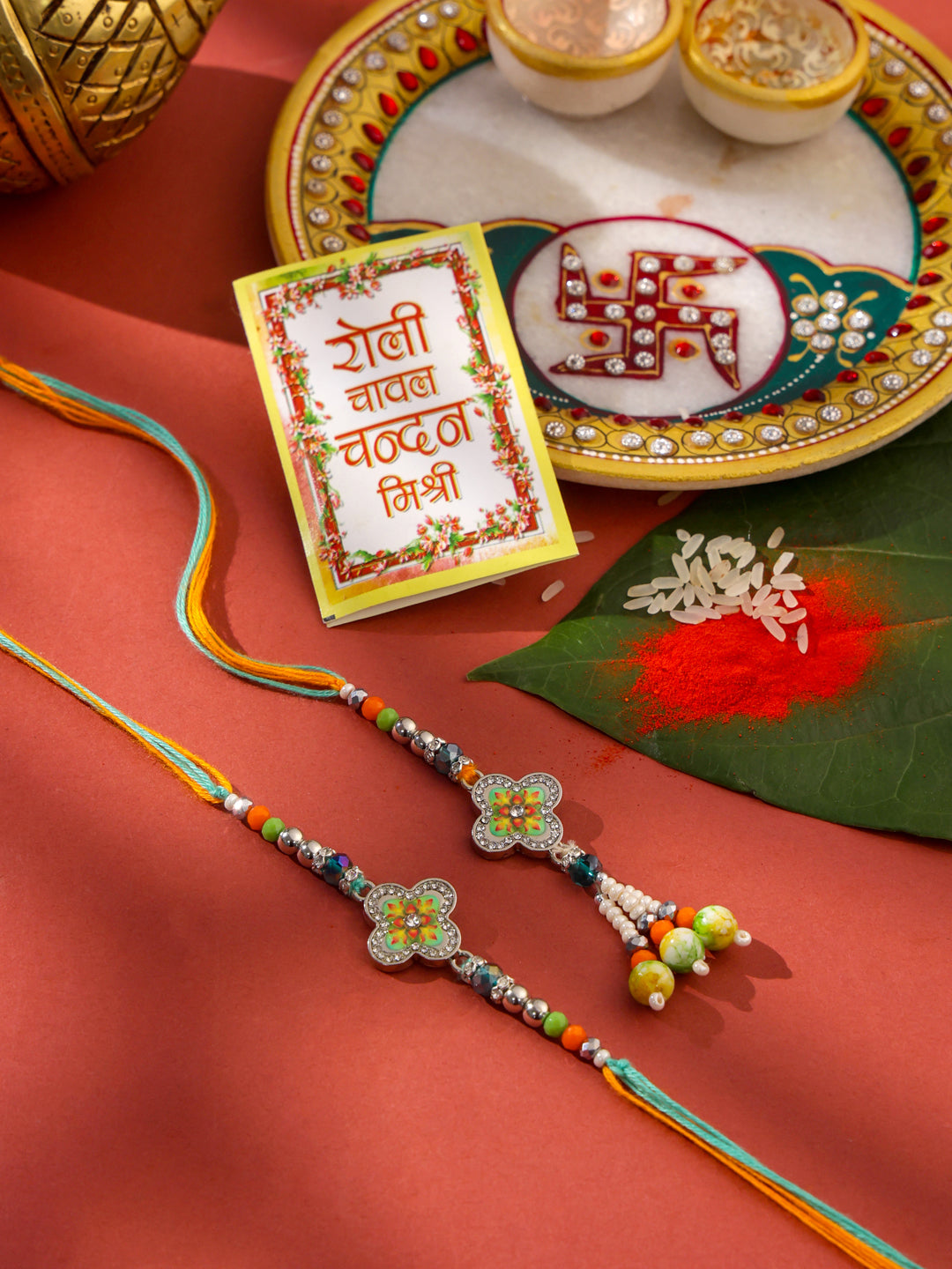 NVR Set of 2 Multicolor Artificial Stones & Beads Floral Bhaiya Bhabhi Rakhi with Roli Chawal Chandan & Mishri - Swadesiicart