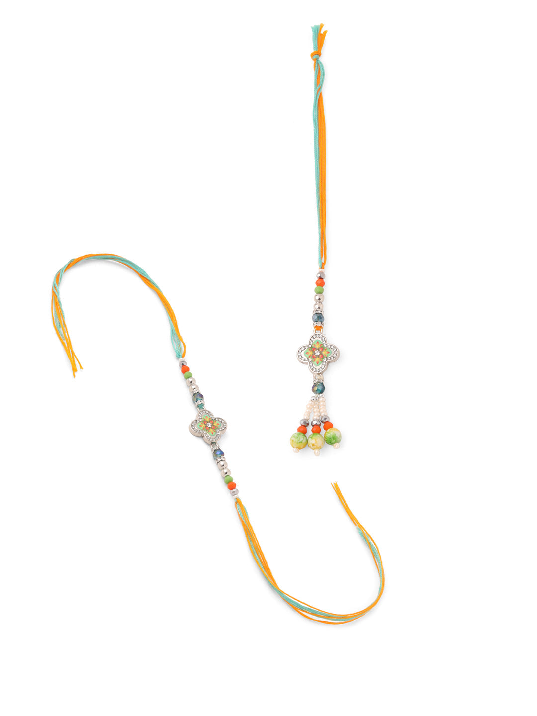 NVR Set of 2 Multicolor Artificial Stones & Beads Floral Bhaiya Bhabhi Rakhi with Roli Chawal Chandan & Mishri - Swadesiicart
