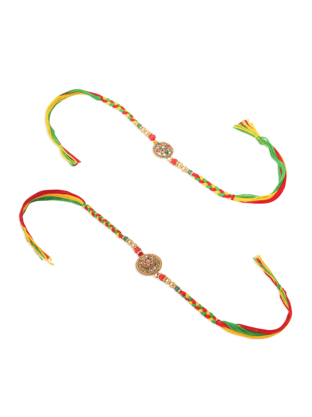 NVR Men Set of 2 Multicolor Floral Design Artificial Stones Thread Rakhi with Roli Chawal Chandan & Mishri | Swadesiicart