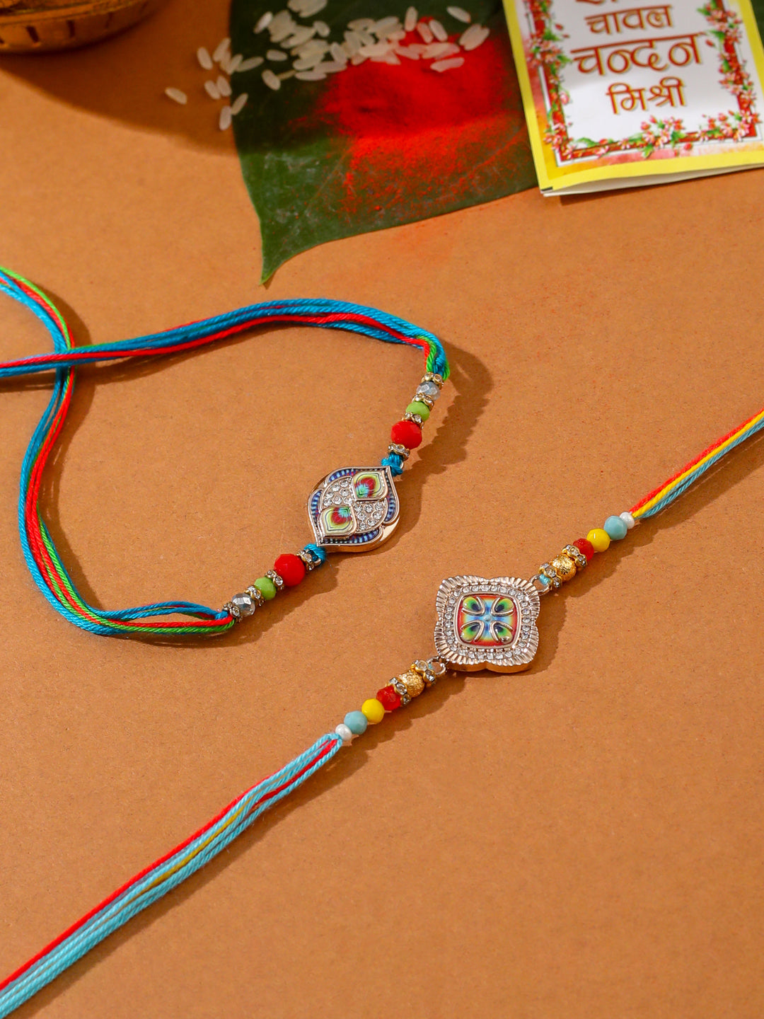 NVR Men Set of 2 Multicolor Artificial Stones Thread Rakhi with Roli Chawal Chandan & Mishri - Swadesiicart
