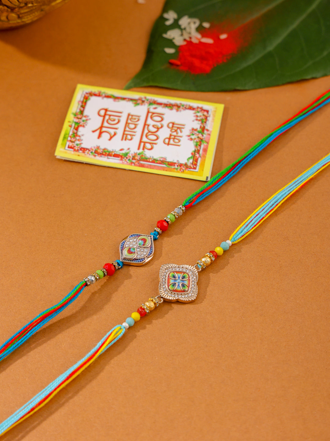 NVR Men Set of 2 Multicolor Artificial Stones Thread Rakhi with Roli Chawal Chandan & Mishri - Swadesiicart