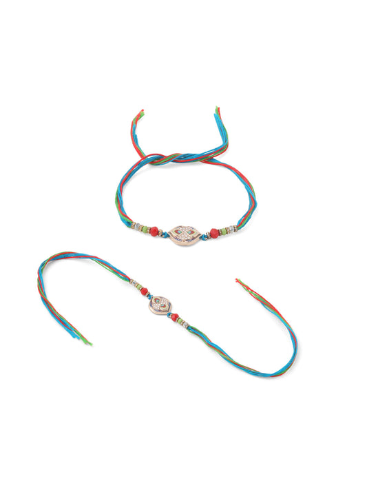 NVR Men Set of 2 Multicolor Artificial Stones Thread Rakhi with Roli Chawal Chandan & Mishri - Swadesiicart