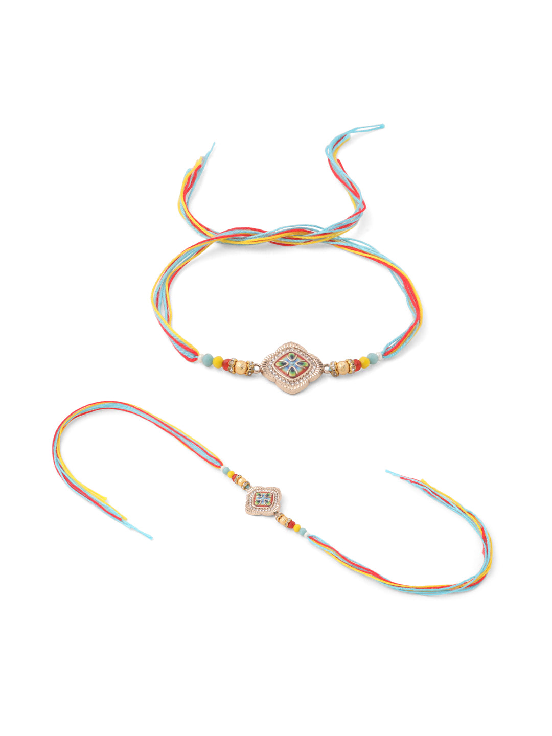 NVR Men Set of 2 Multicolor Artificial Stones Thread Rakhi with Roli Chawal Chandan & Mishri - Swadesiicart