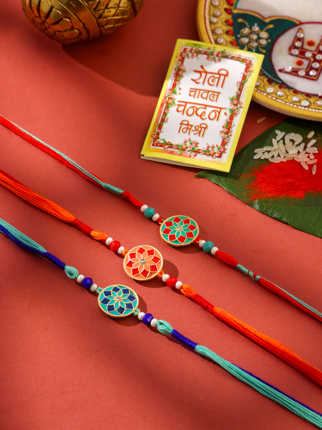 NVR Men Set of 3 Floral Design Multicolor Artificial Beads Thread Rakhi with Roli Chawal Chandan & Mishri - Swadesiicart