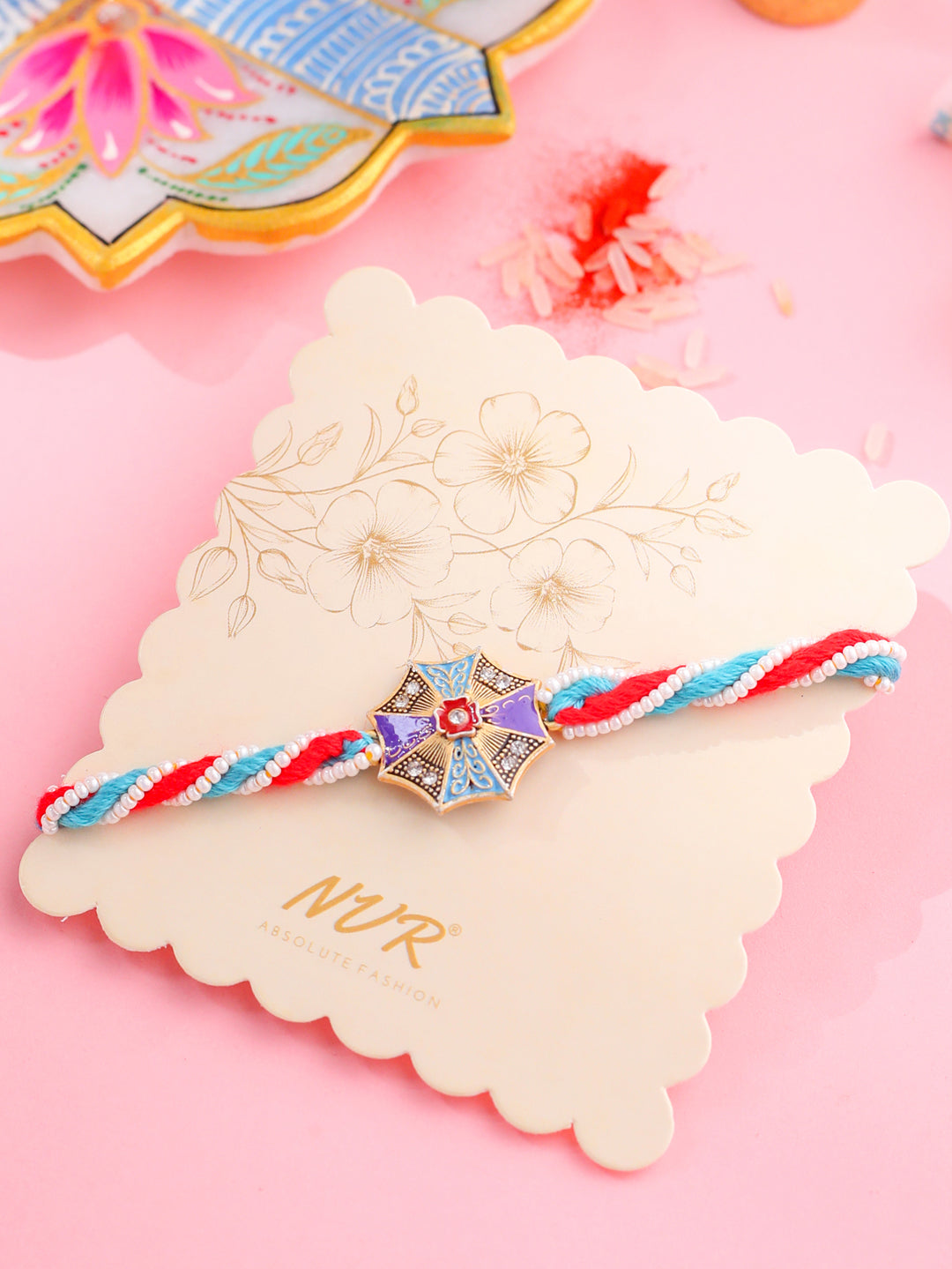 NVR Men Floral Design Multicolor Artificial Stones & Pearls Thread Rakhi with Roli Chawal Chandan & Mishri - Swadesiicart