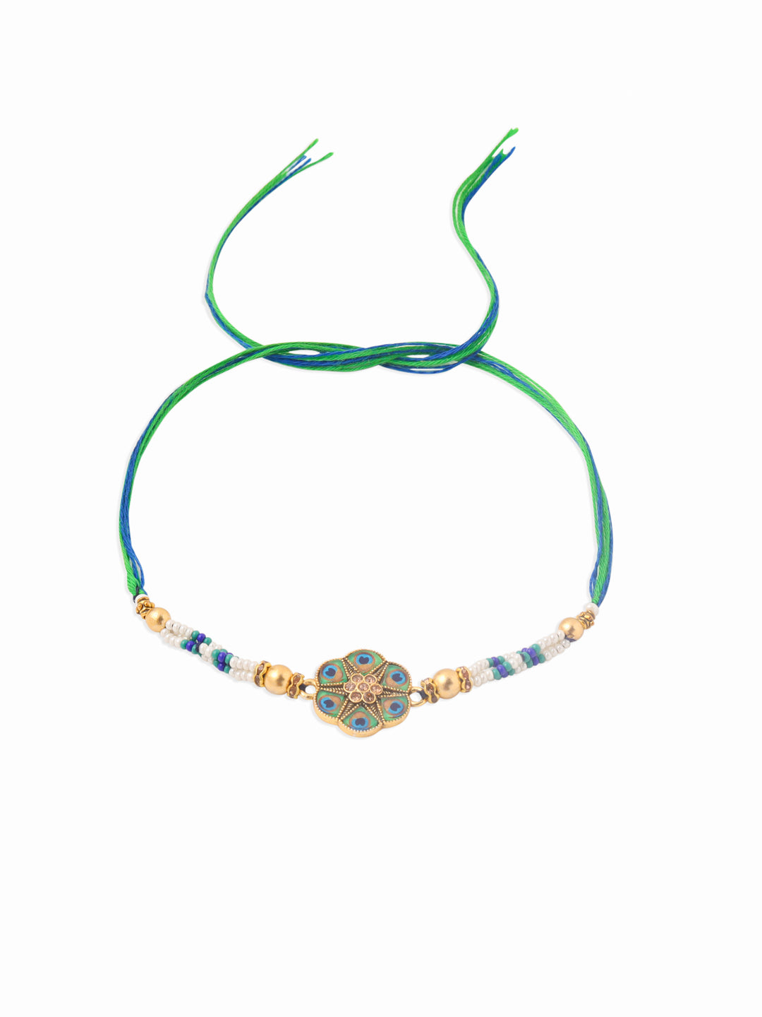 NVR Men Peacock Design Multicolor Artificial Stones & Pearls Thread Rakhi with Roli Chawal Chandan & Mishri | Swadesiicart