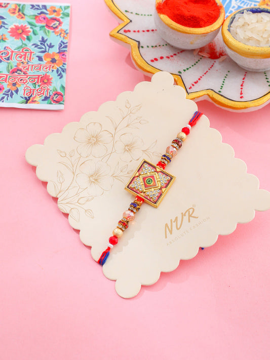 NVR Men Multicolor Artificial Stones Thread Rakhi with Roli Chawal Chandan & Mishri - Swadesiicart