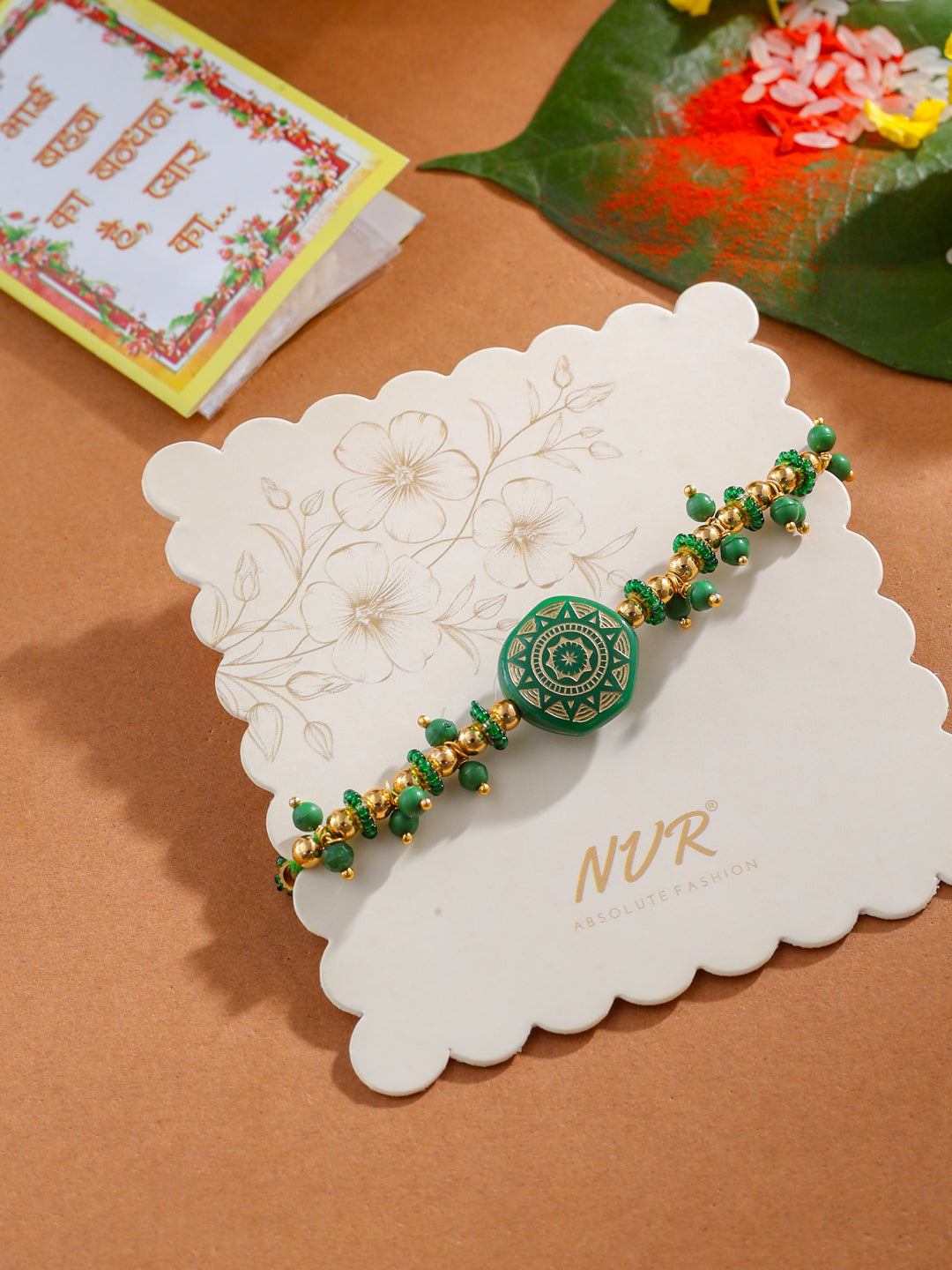 NVR Men Green Artificial Beads Round Shape Thread Rakhi with Roli Chawal Chandan & Mishri - Swadesiicart