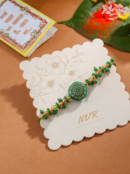 NVR Men Green Artificial Beads Round Shape Thread Rakhi with Roli Chawal Chandan & Mishri - Swadesiicart