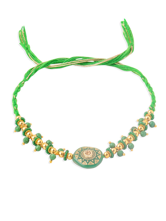 NVR Men Green Artificial Beads Round Shape Thread Rakhi with Roli Chawal Chandan & Mishri - Swadesiicart