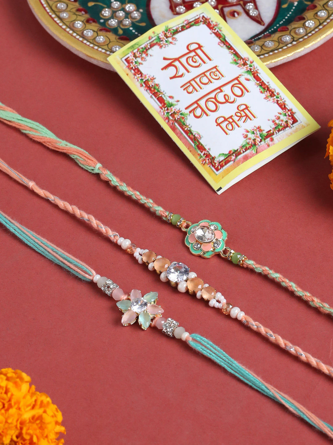 NVR Men Set of 3 Floral Design Multicolor Artificial Stones & Pearls Thread Rakhi with Roli Chawal Chandan & Mishri | Swadesiicart