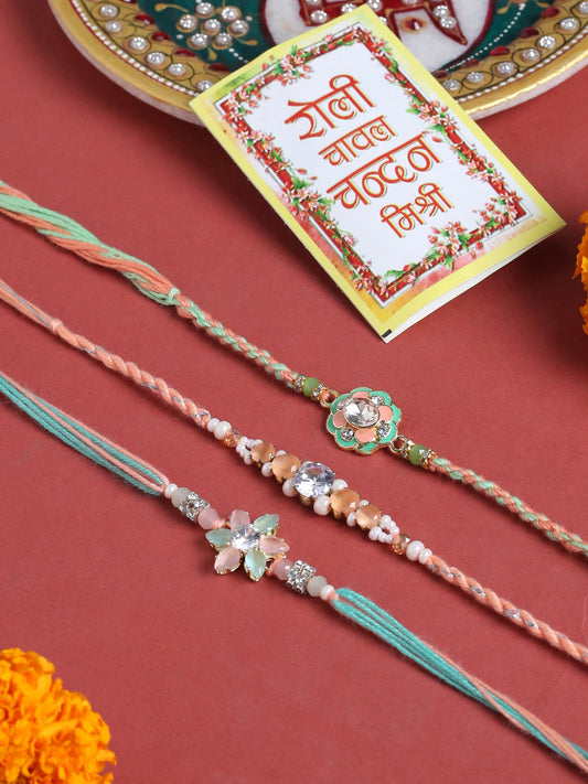 NVR Men Set of 3 Floral Design Multicolor Artificial Stones & Pearls Thread Rakhi with Roli Chawal Chandan & Mishri | Swadesiicart