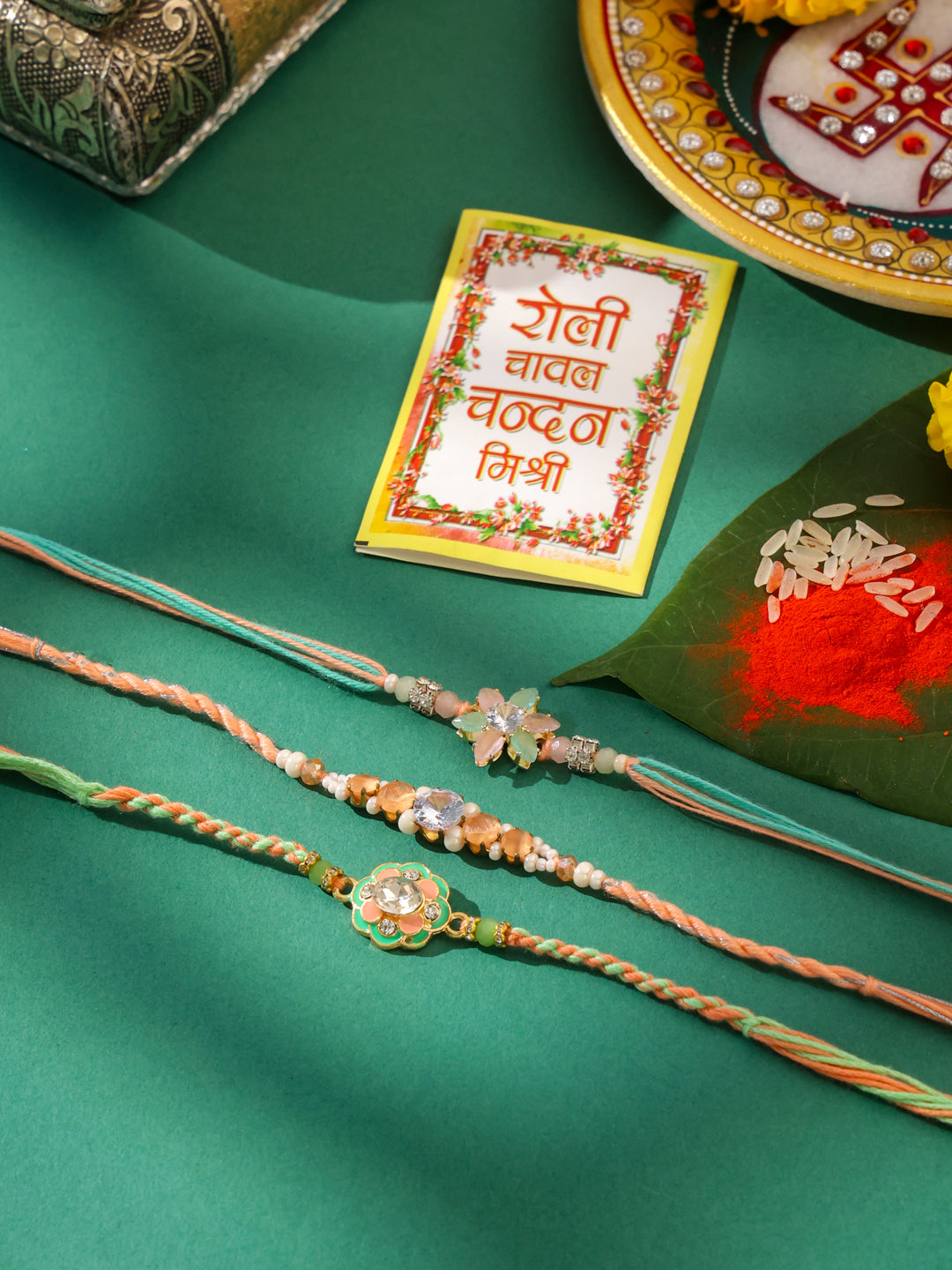 NVR Men Set of 3 Floral Design Multicolor Artificial Stones & Pearls Thread Rakhi with Roli Chawal Chandan & Mishri | Swadesiicart