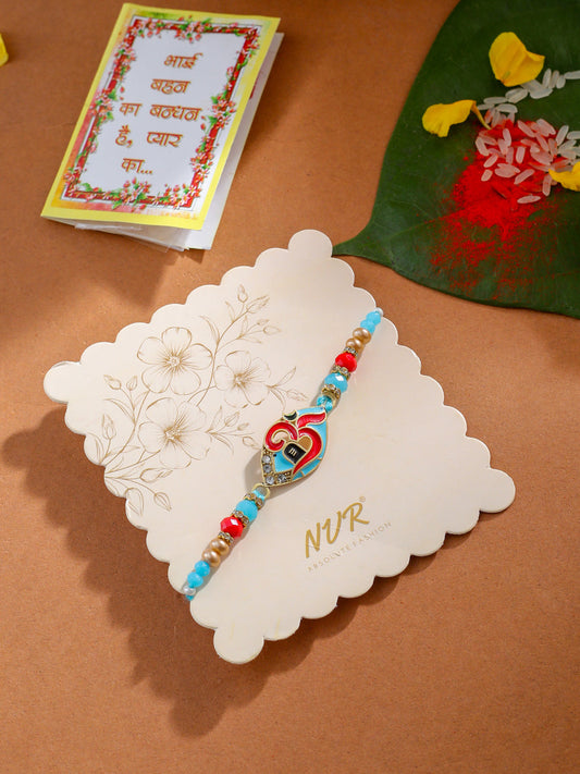 NVR Men Red & Blue Artificial Stones and Beads Om Thread Rakhi with Roli Chawal Chandan & Mishri - Swadesiicart