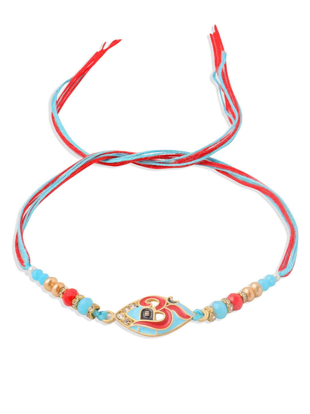NVR Men Red & Blue Artificial Stones and Beads Om Thread Rakhi with Roli Chawal Chandan & Mishri - Swadesiicart