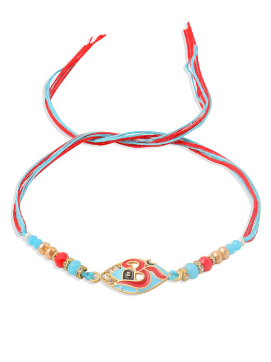 NVR Men Red & Blue Artificial Stones and Beads Om Thread Rakhi with Roli Chawal Chandan & Mishri - Swadesiicart