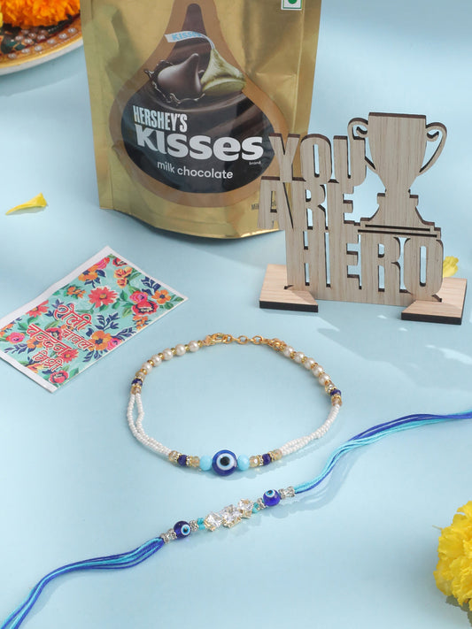NVR Set of 2 Blue Evil Eye Artificial Stones & Beads Bhaiya Bhabhi Rakhi Combo | Swadesiicart