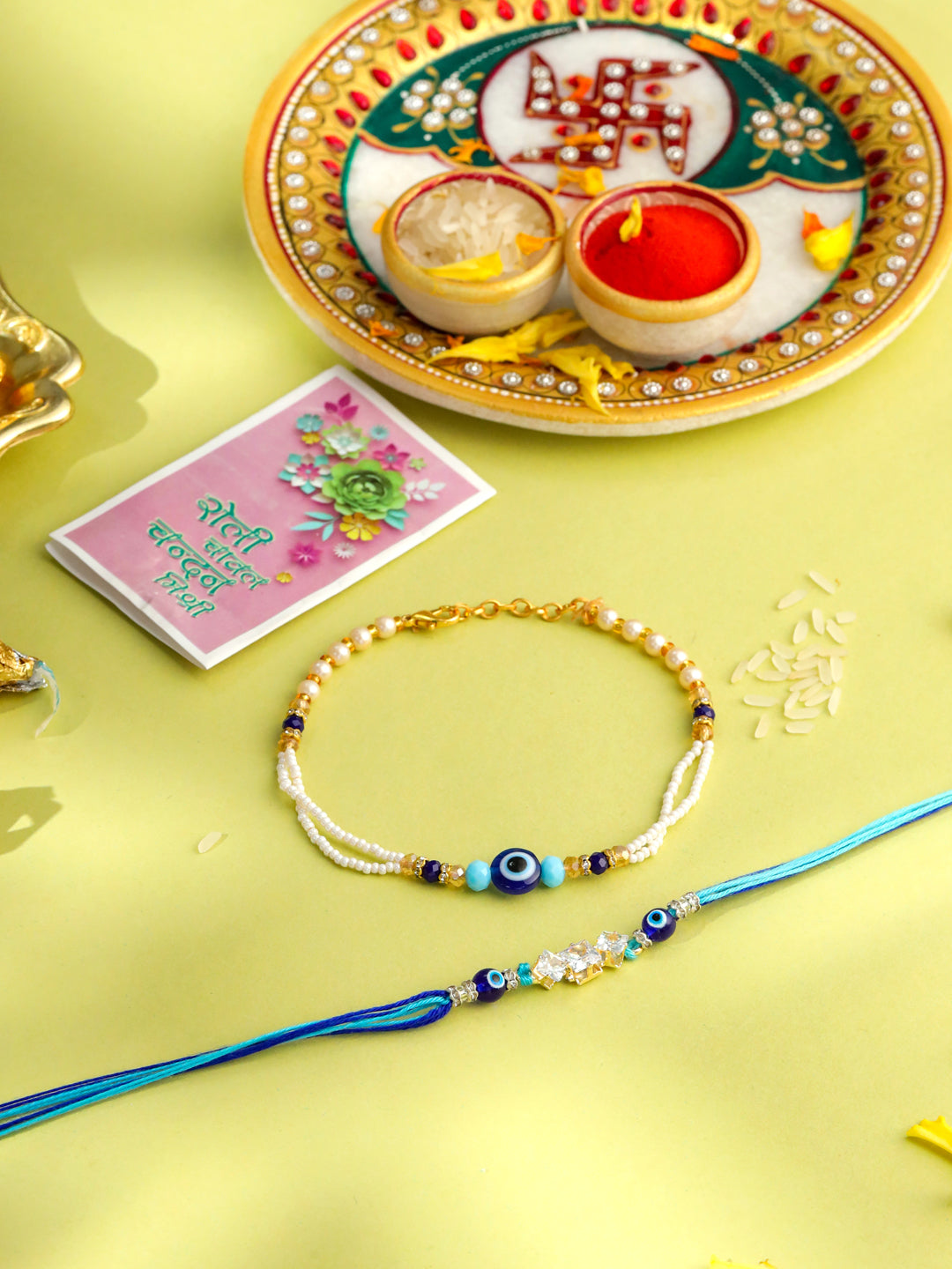NVR Set of 2 Blue Evil Eye Artificial Stones & Beads Bhaiya Bhabhi Rakhi with Roli Chawal Chandan & Mishri | Swadesiicart