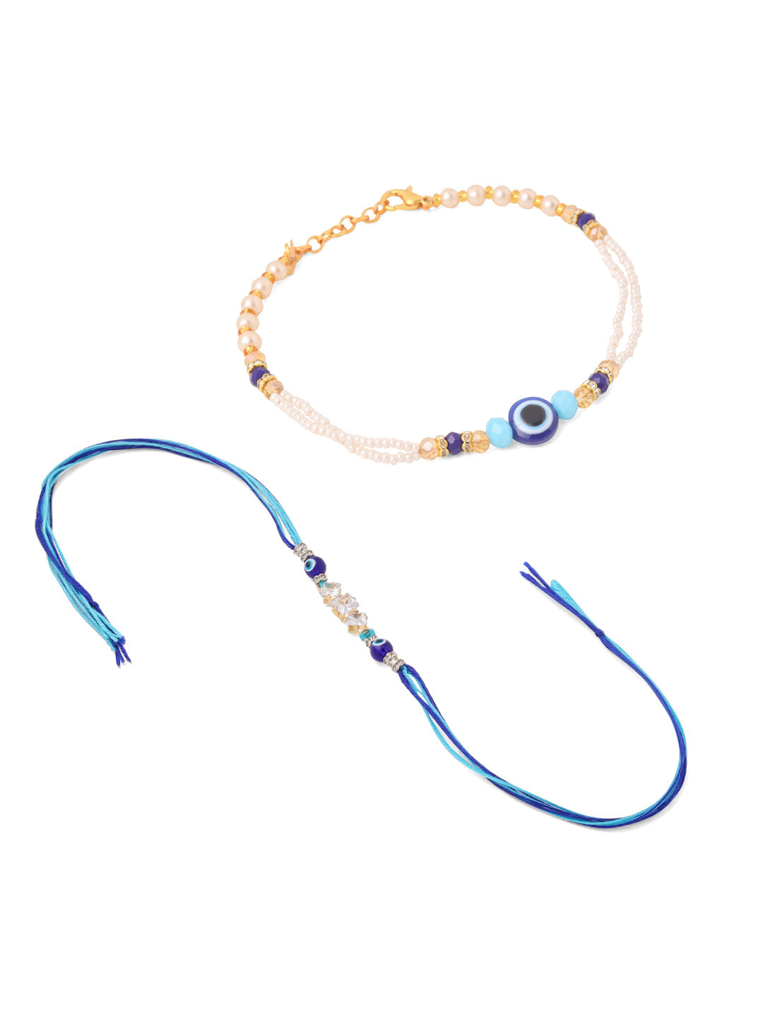 NVR Set of 2 Blue Evil Eye Artificial Stones & Beads Bhaiya Bhabhi Rakhi with Roli Chawal Chandan & Mishri | Swadesiicart
