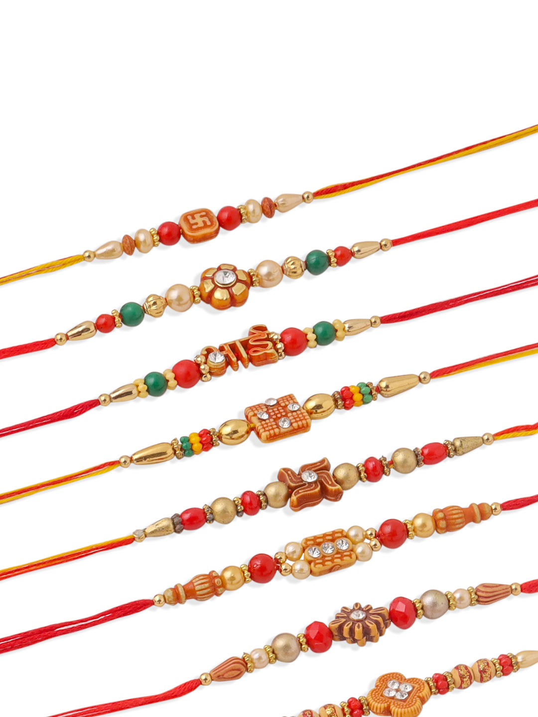 NVR Men Set of 10 Floral Design Red Artificial Stones and Beads Thread Rakhi Combo | Swadesiicart