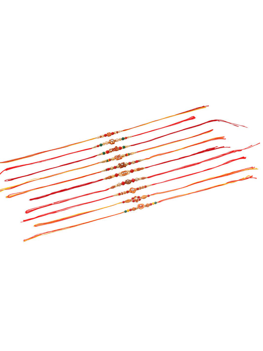 NVR Men Set of 10 Floral Design Red Artificial Stones and Beads Thread Rakhi with Roli Chawal Chandan & Mishri - Swadesiicart