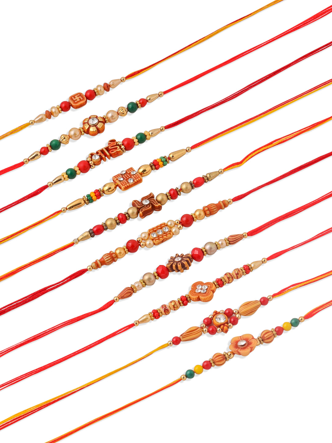 NVR Men Set of 10 Floral Design Red Artificial Stones and Beads Thread Rakhi with Roli Chawal Chandan & Mishri - Swadesiicart