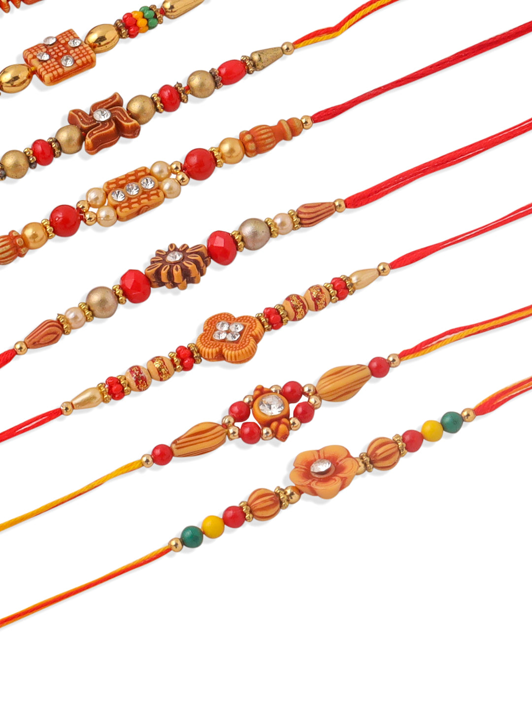 NVR Men Set of 10 Floral Design Red Artificial Stones and Beads Thread Rakhi with Roli Chawal Chandan & Mishri - Swadesiicart