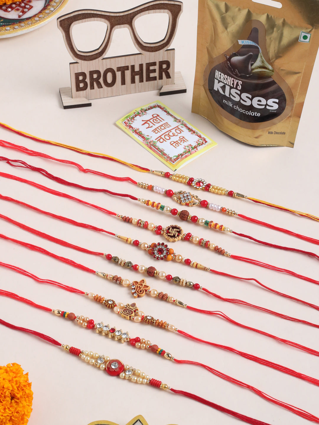 NVR Men Set of 10 Red Artificial Stones and Beads Rudraksh Thread Rakhi Combo | Swadesiicart