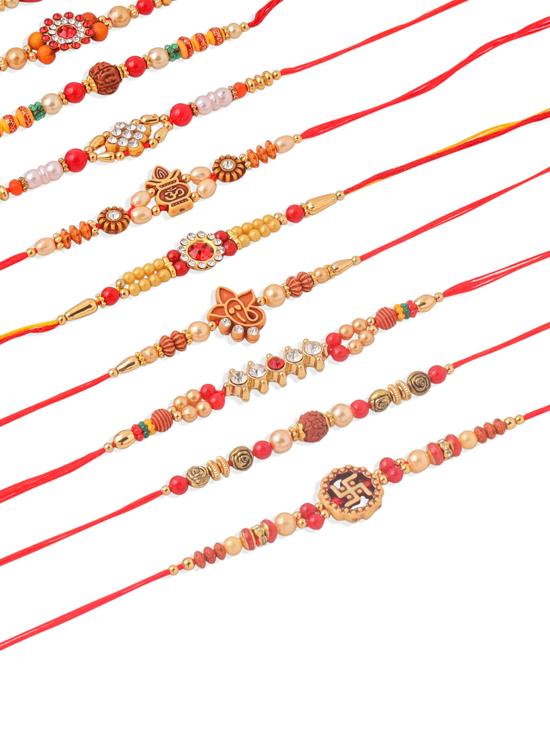 NVR Men Set of 10 Red Artificial Stones and Beads Rudraksh Thread Rakhi Combo | Swadesiicart