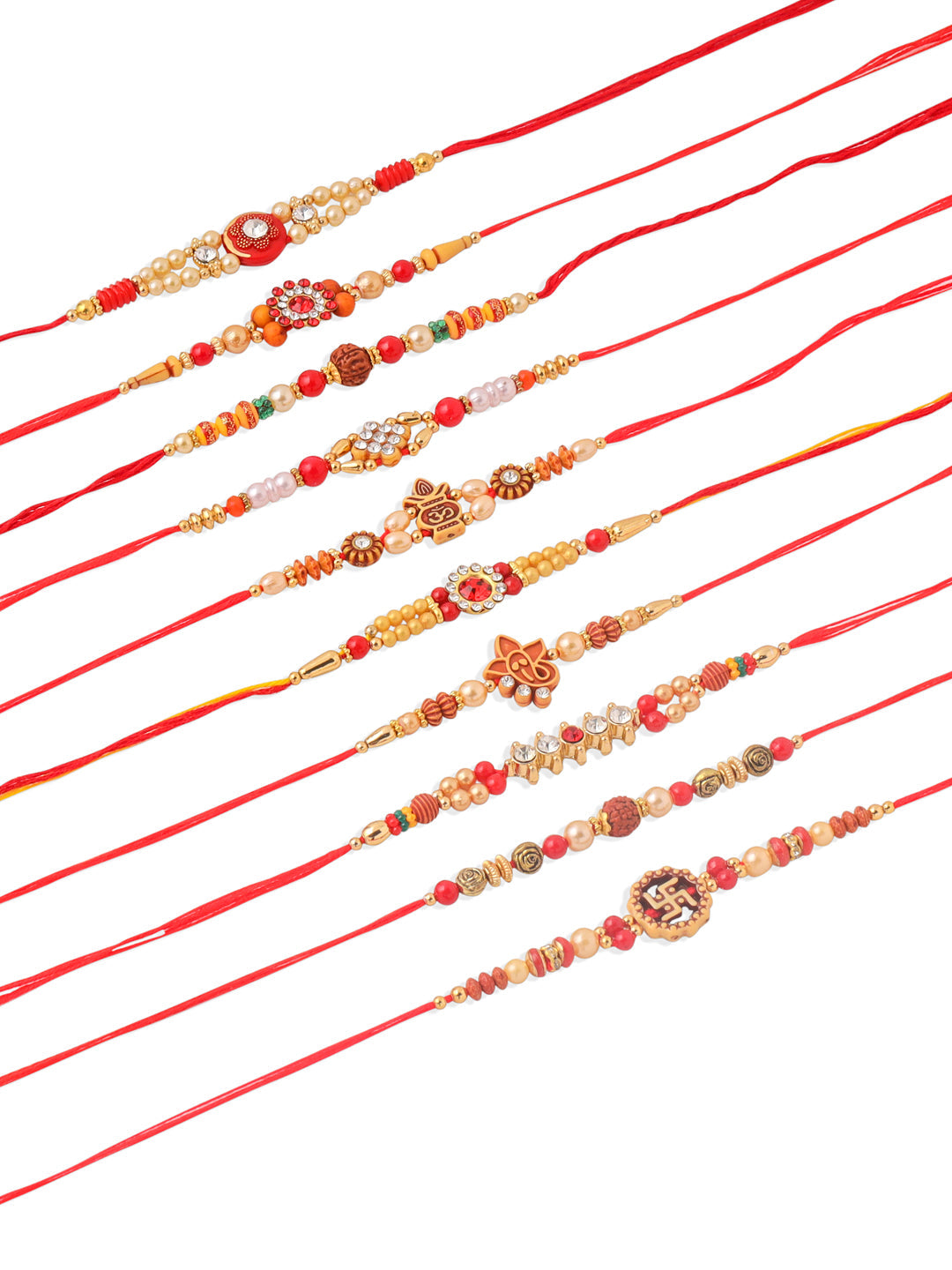 NVR Men Set of 10 Red Artificial Stones and Beads Rudraksh Thread Rakhi Combo | Swadesiicart