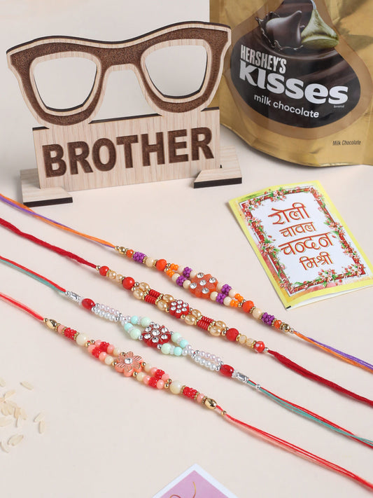 NVR Men Set of 4 Floral Design Multicolor Artificial Stones and Beads Thread Rakhi Combo | Swadesiicart