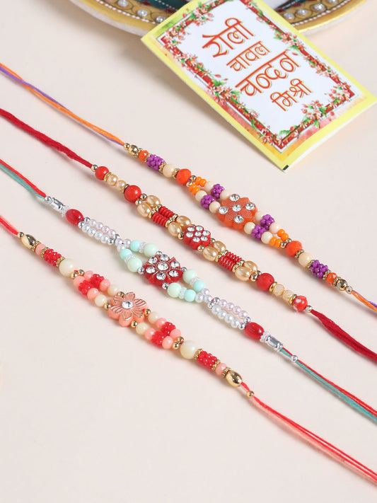 NVR Men Set of 4 Floral Design Multicolor Artificial Stones and Beads Thread Rakhi with Roli Chawal Chandan & Mishri - Swadesiicart