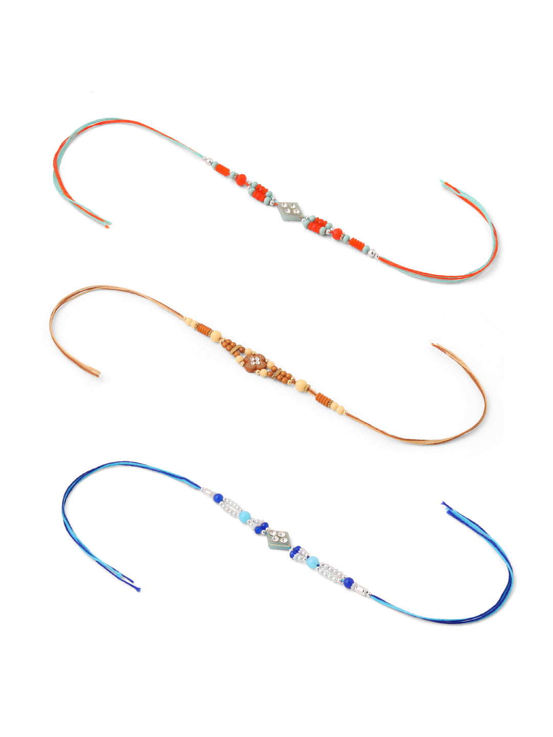 NVR Men Set of 3 Multicolor Artificial Stones and Beads Rakhi with Roli Chawal Chandan & Mishri - Swadesiicart