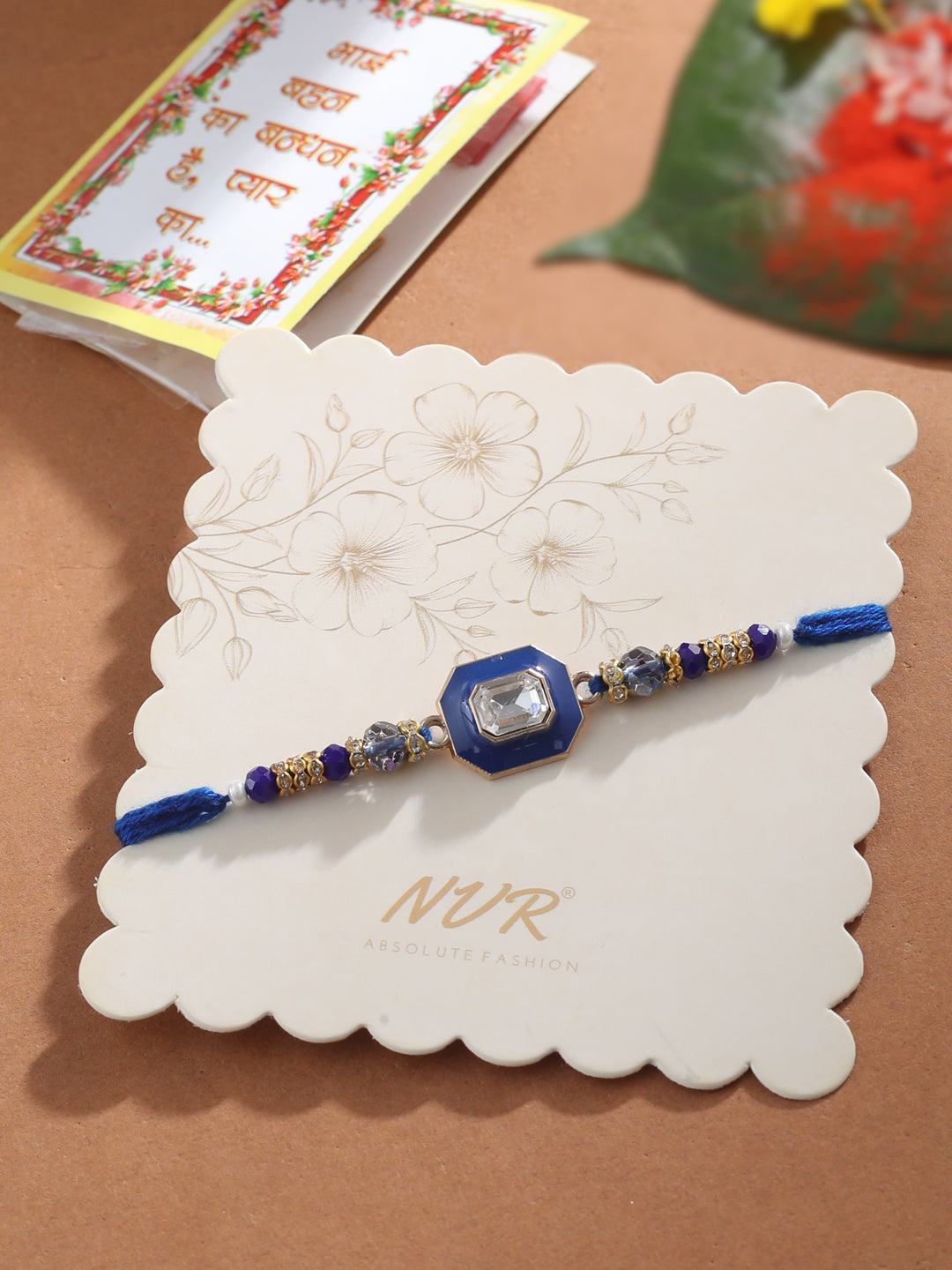 NVR Men Blue Artificial Stones Handmade Thread Rakhi with Roli Chawal Chandan & Mishri - Swadesiicart