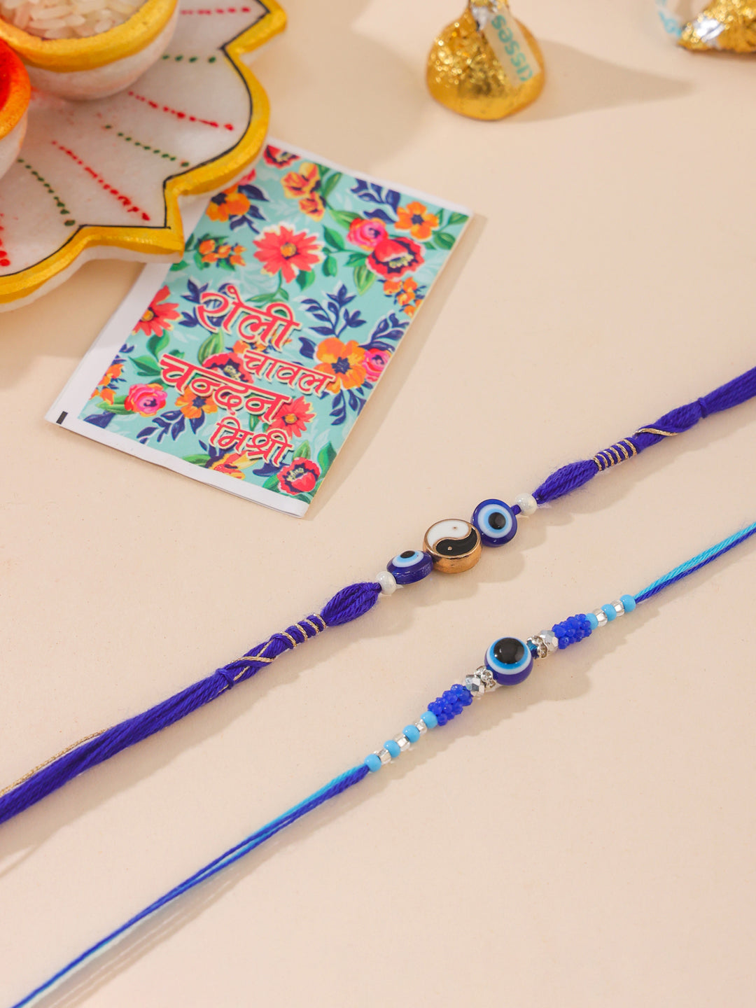 NVR Men Set of 2 Blue Evil Eye Artificial Beads Thread Rakhi with Roli Chawal Chandan & Mishri - Swadesiicart