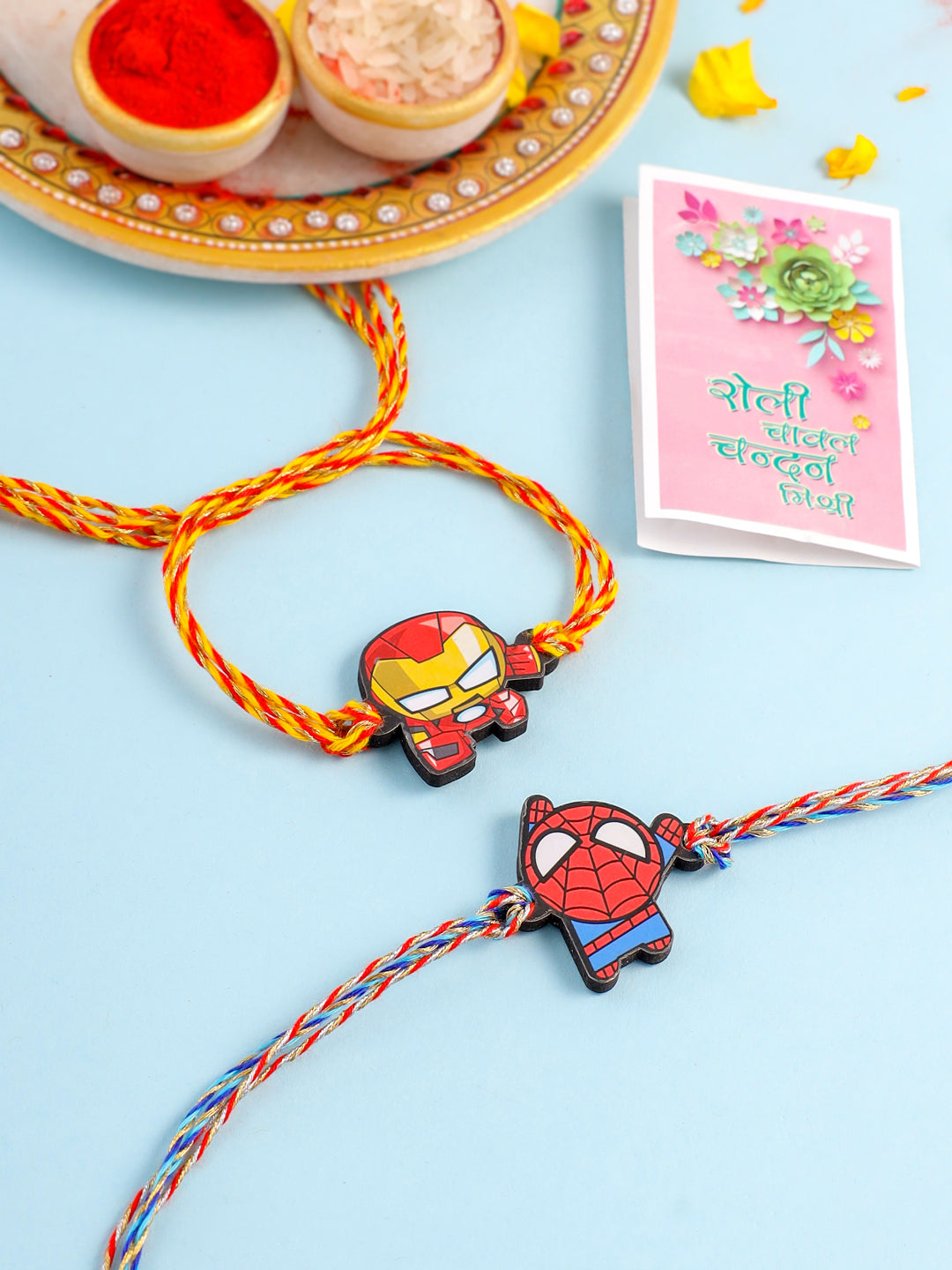 NVR Kids Set of 2 Cute Cartoon Superhero Thread Rakhi with Roli Chawal Chandan & Mishri - Swadesiicart