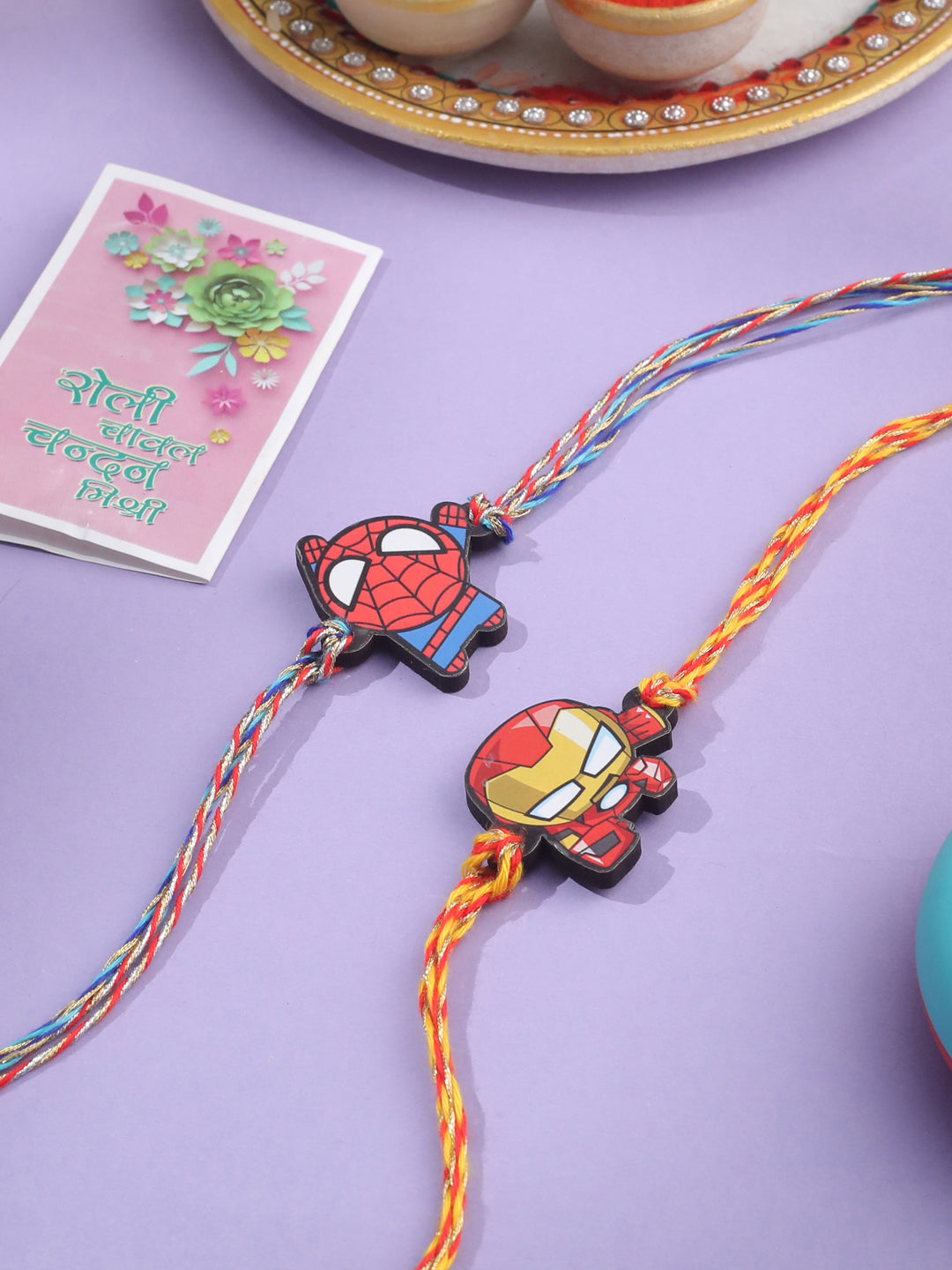 NVR Kids Set of 2 Cute Cartoon Superhero Thread Rakhi with Roli Chawal Chandan & Mishri - Swadesiicart