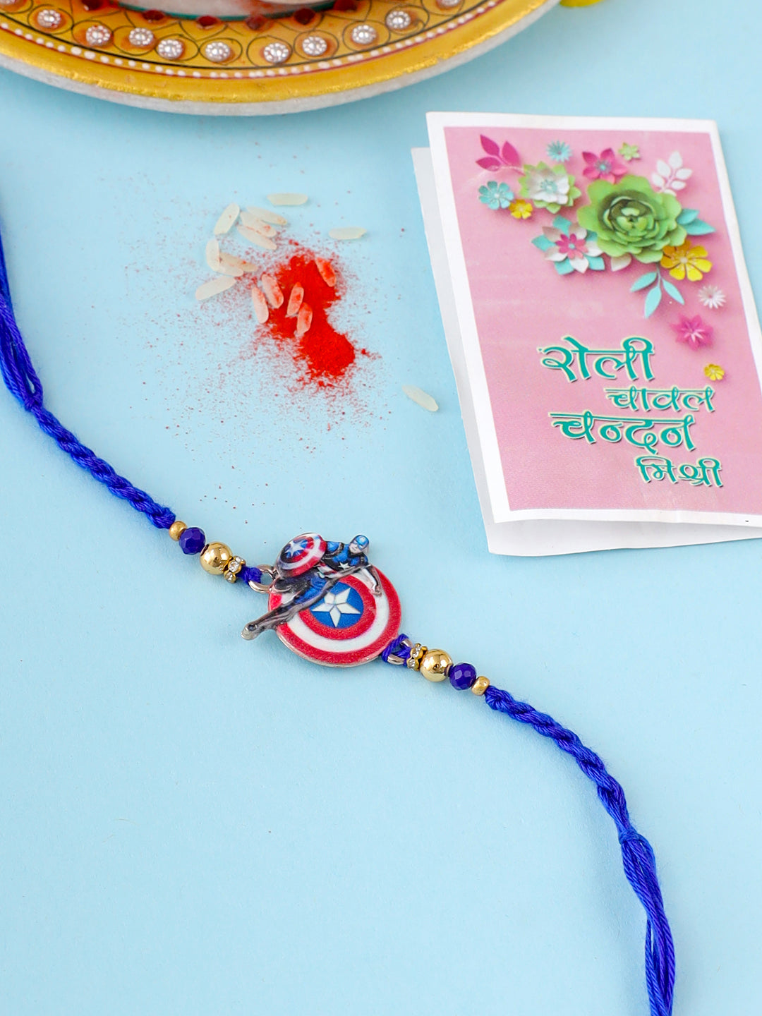 NVR Kids Superhero Blue Artificial Beads Thread Rakhi with Roli Chawal Chandan & Mishri | Swadesiicart