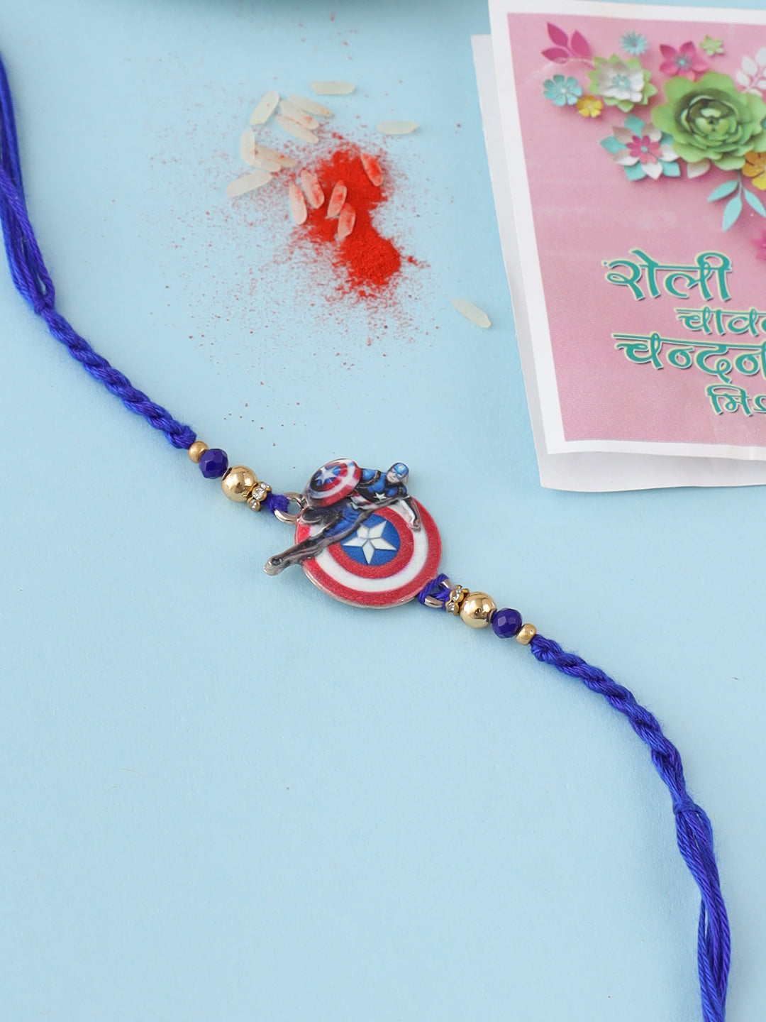 NVR Kids Superhero Blue Artificial Beads Thread Rakhi with Roli Chawal Chandan & Mishri | Swadesiicart