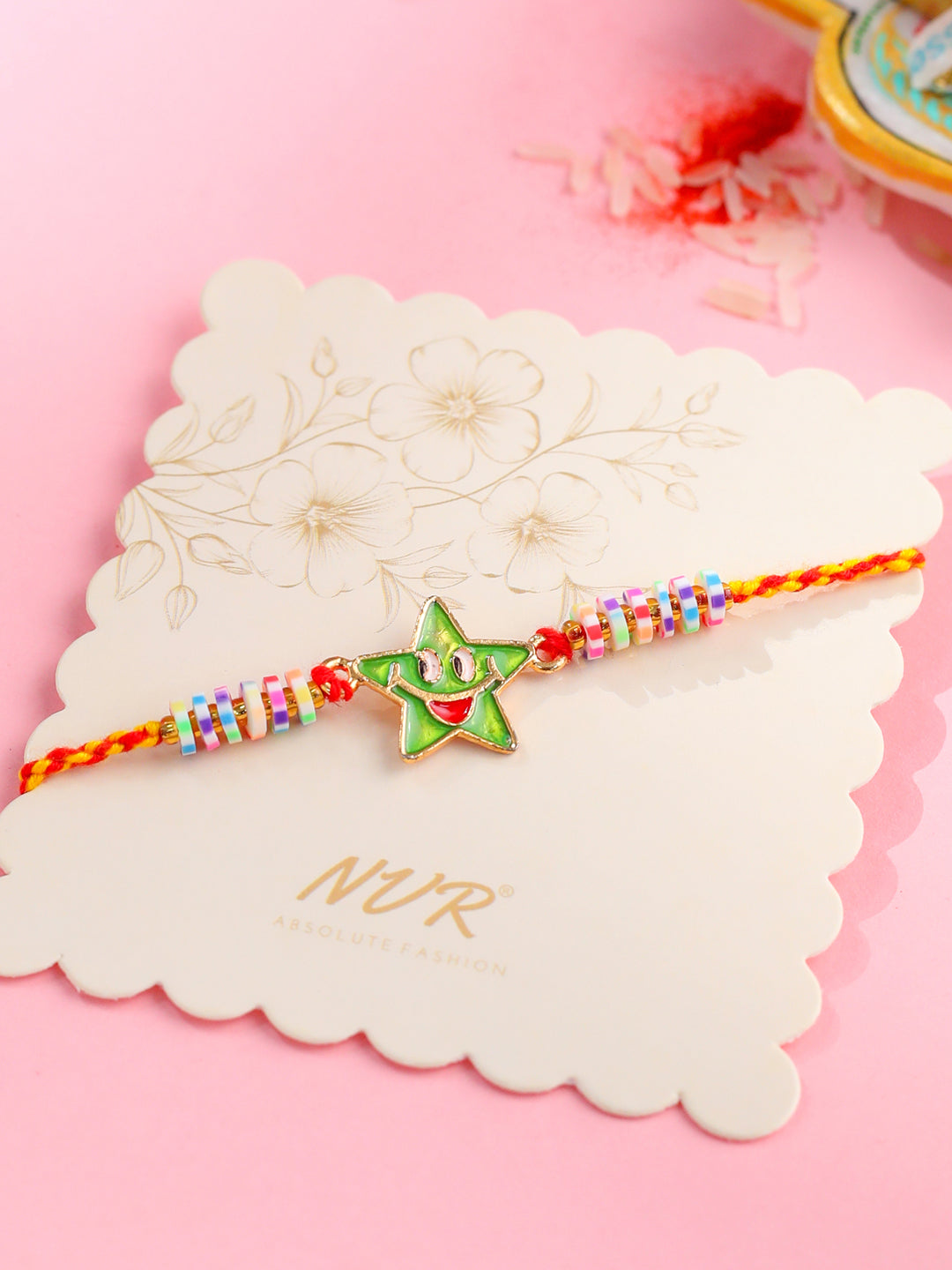 NVR Kids Star Shape Multicolor Thread Rakhi with Roli Chawal Chandan & Mishri | Swadesiicart