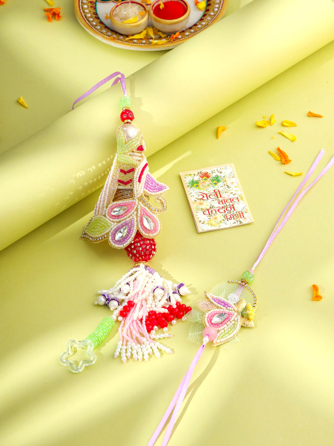 NVR Handcrafted Set of 2 Multicolor Pearls Bhaiya Bhabhi Rakhi with Roli Chawal Chandan & Mishri | Swadesiicart