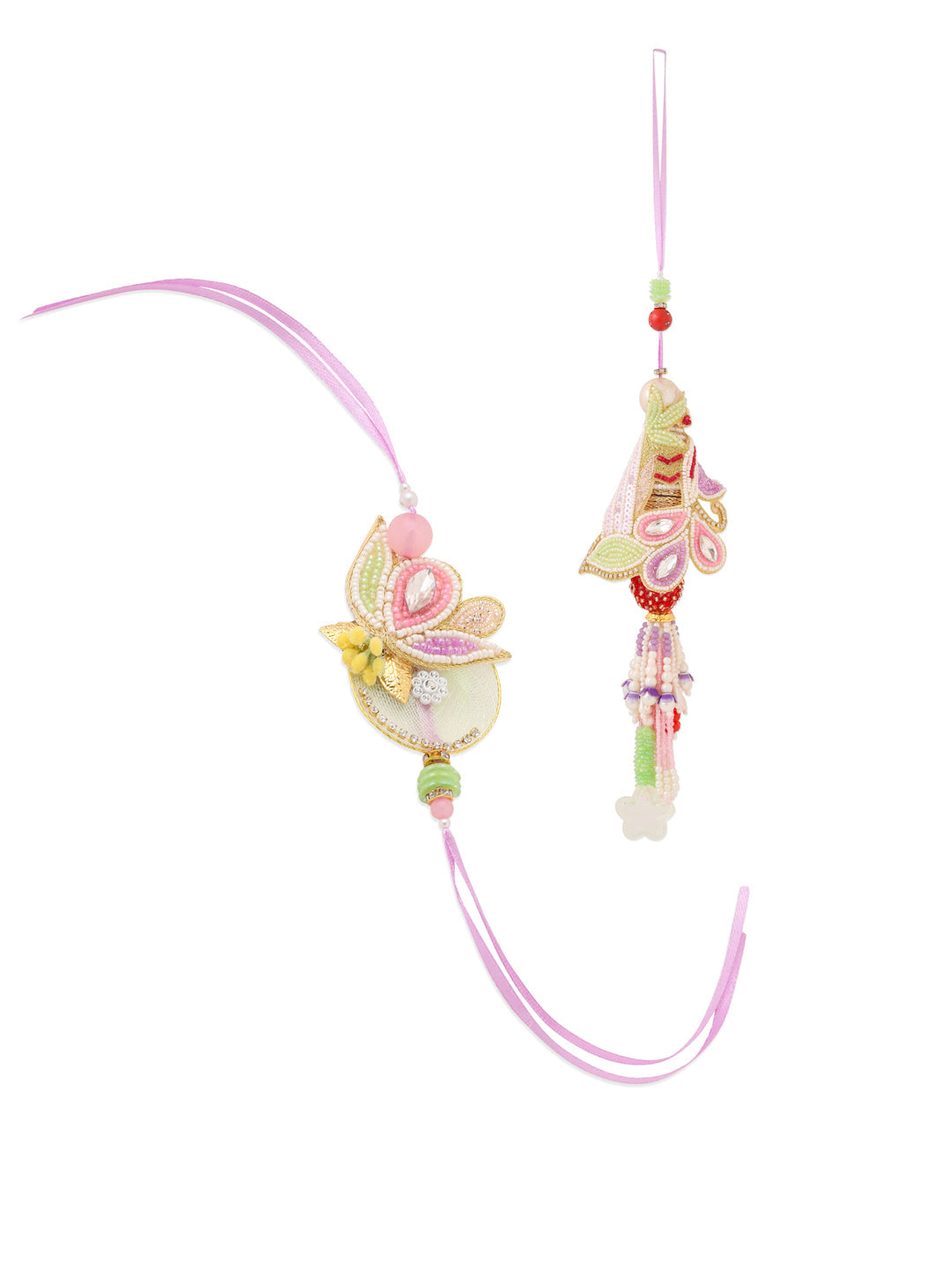NVR Handcrafted Set of 2 Multicolor Pearls Bhaiya Bhabhi Rakhi with Roli Chawal Chandan & Mishri | Swadesiicart