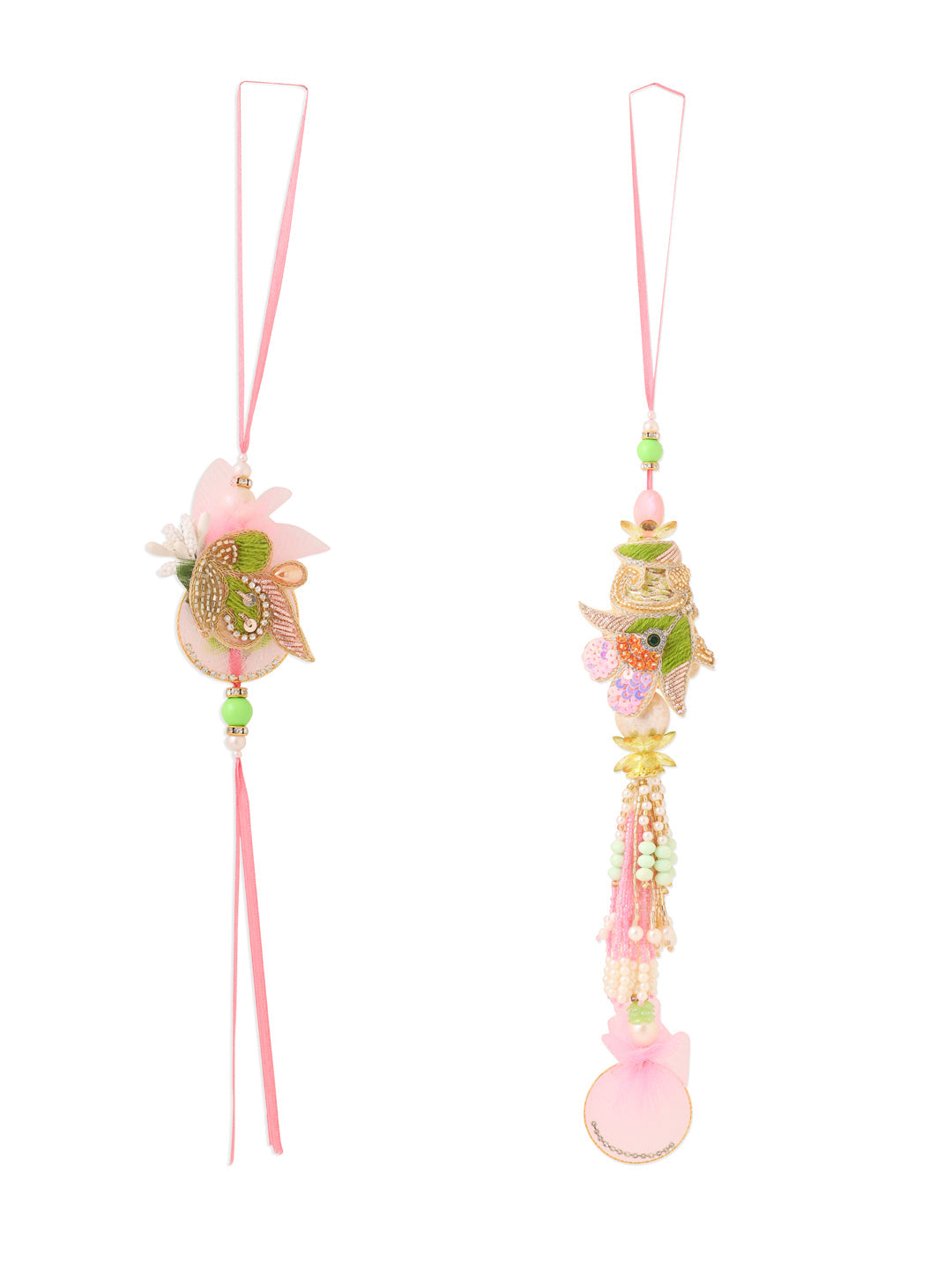 NVR Set of 2 Handcrafted Multicolor Pearls Bhaiya Bhabhi Rakhi with Roli Chawal Chandan & Mishri | Swadesiicart