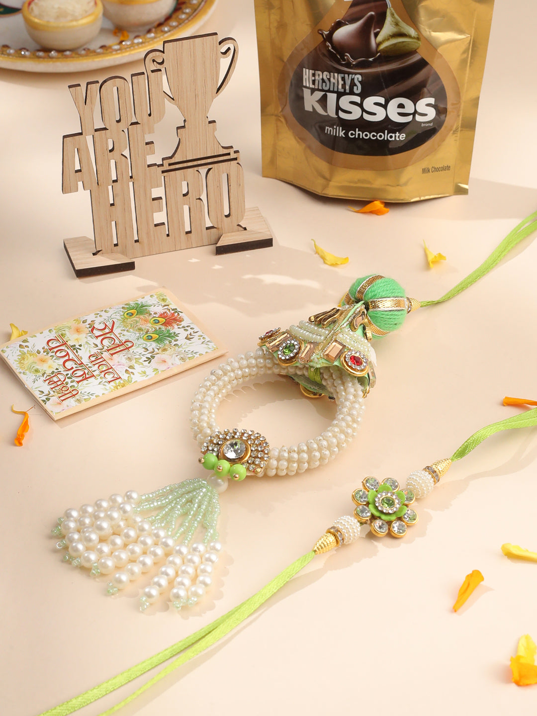 NVR Set of 2 Handcrafted Green Artificial Stones & Pearls Bhaiya Bhabhi Rakhi Combo | Swadesiicart
