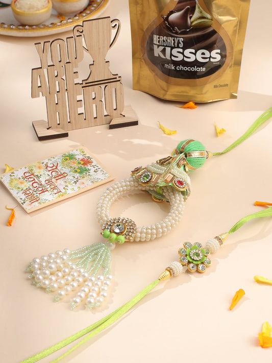 NVR Set of 2 Handcrafted Green Artificial Stones & Pearls Bhaiya Bhabhi Rakhi Combo | Swadesiicart
